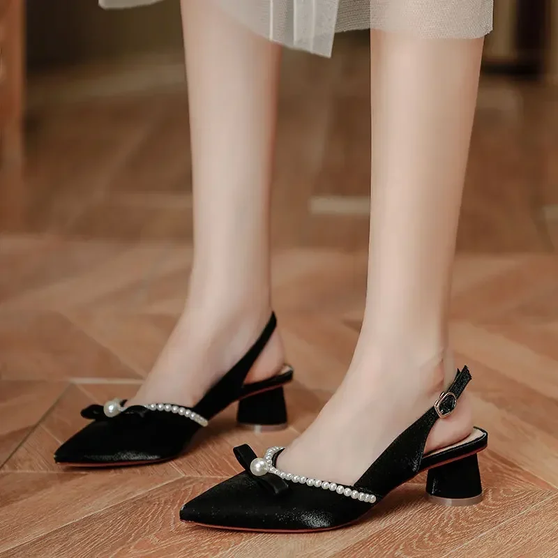

Summer Women's Overhead Sandals Pointed Pearl Bow High Heels Chunky Heel Shoes