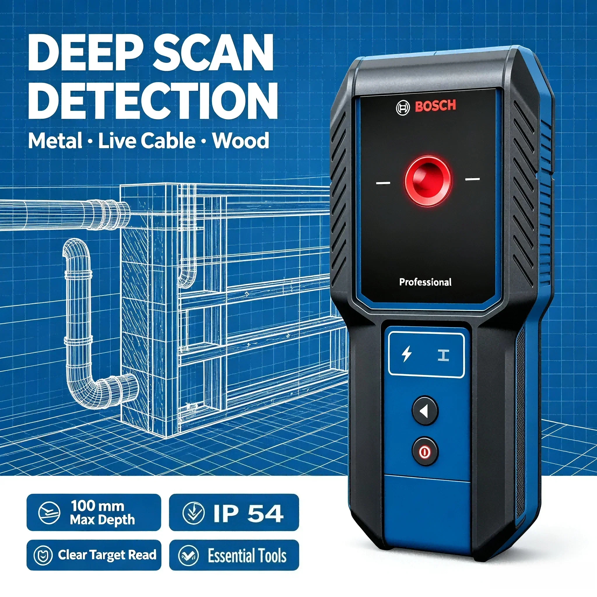 BOSCH GMS 100-23 Material Wall Detector, IP54 Professional Scanner for Wall Drilling, Detect Cable Metal Wood Power Tool