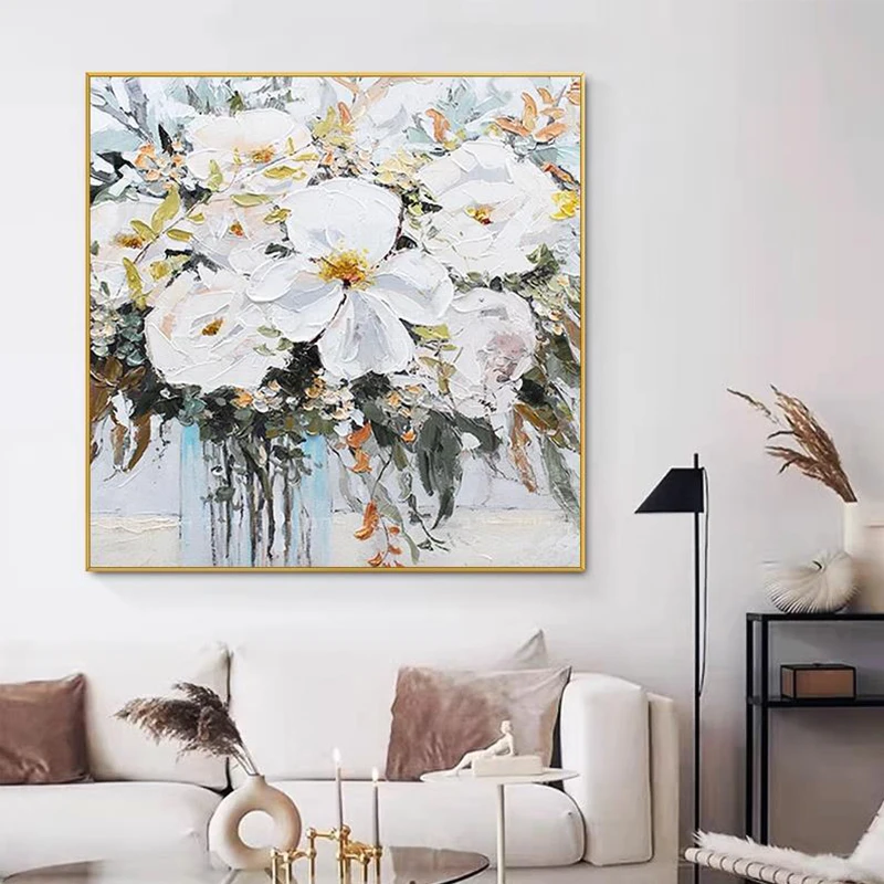 

OQ 100% Hand Painted Oil Painting On Canvas Modern Abstract White Flower Wall Art Living Room Picture Home Decoration Unframed