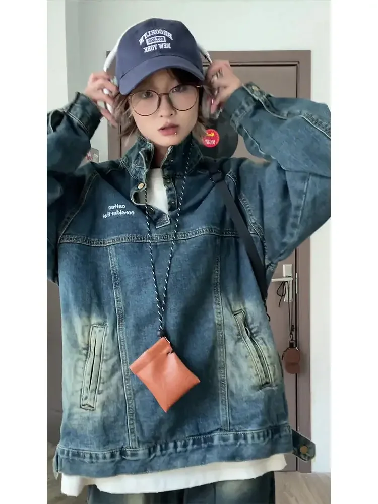 Vintage Street Denim Sweatshirt Men Women Distressed High Neck Loose Denim Jacket HipHop Casual Pullover Denim Coat Cargo Unisex