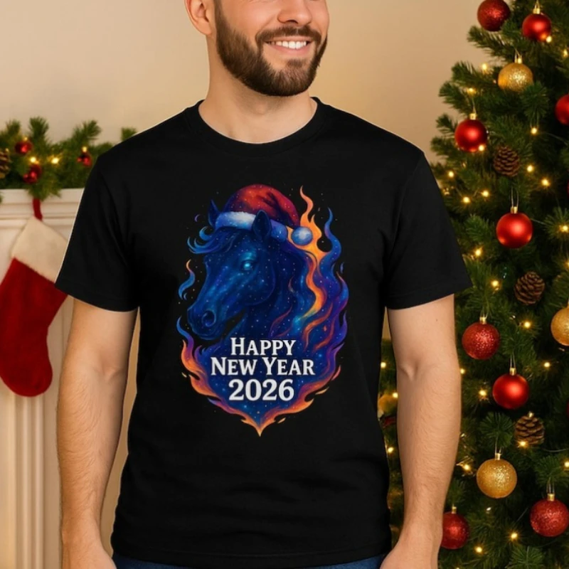 السنة الجديدة النار الحصان PNG حزمة خط الفن الحصان سانتا قبعة عيد الميلاد Clipart Crewneck عالية الجودة القطن رجالي الجرافيك بلايز #1