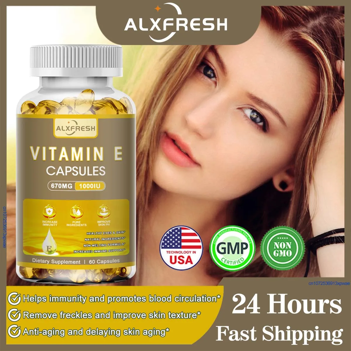 

Alxfresh Vitamin E 670 mg (1000 IU) Dietary Supplement- Natural Non-GMO Supplement - Gluten /Dairy Free Vagen