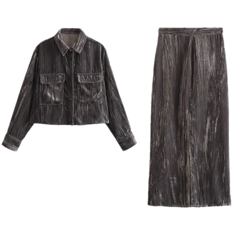 Samt-Irt- und Rock-Set für Damen, Faion, Herbstkollektion, ort Länge, hohe Taille, europäisches SLE-Long-S Sve-Top