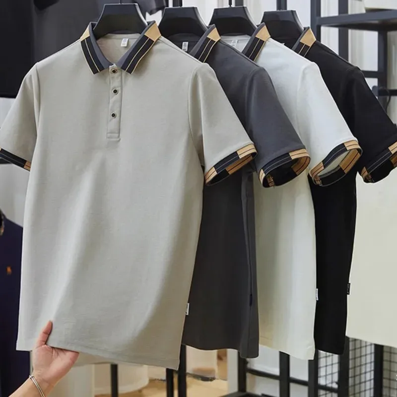 

Summer Men's Pure Cotton Short Sleeved T-Shirt Solid Color Sports Short Sleeved Casual Fashion Breathable lapel Slim Fit Top