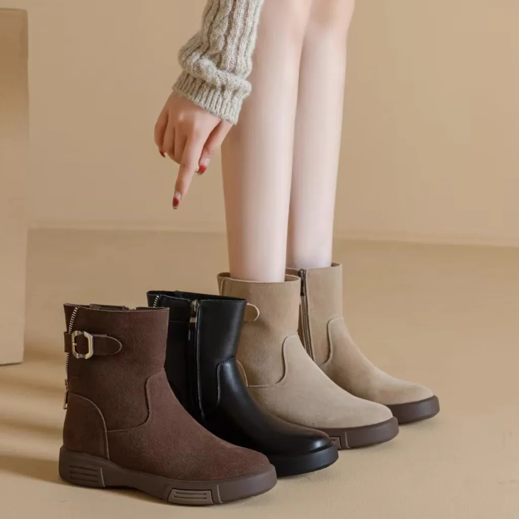 

Women's Thick Bottom Boots Leather Belt Buckle Slim Fit Flat Cuff Boots Comfortable round Toe Low Heel All Season