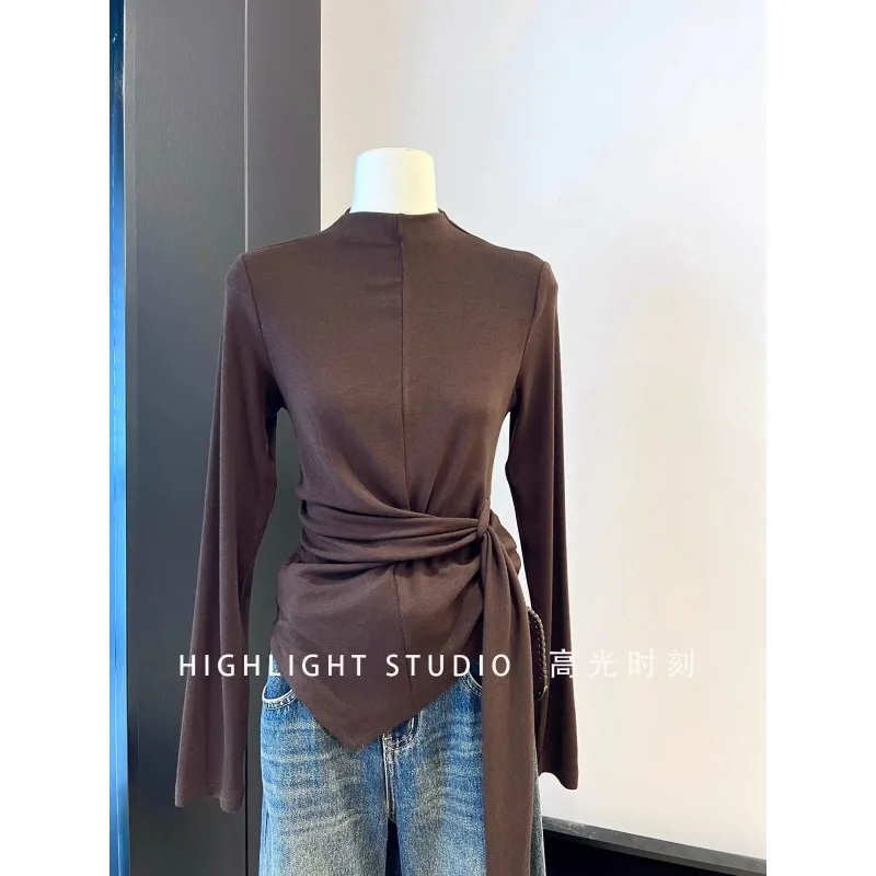 

Футболка с длинными рукавами и нерегулярными бретелями, универсальная нижняя рубашка, однотонный пуловер с круглым вырезом