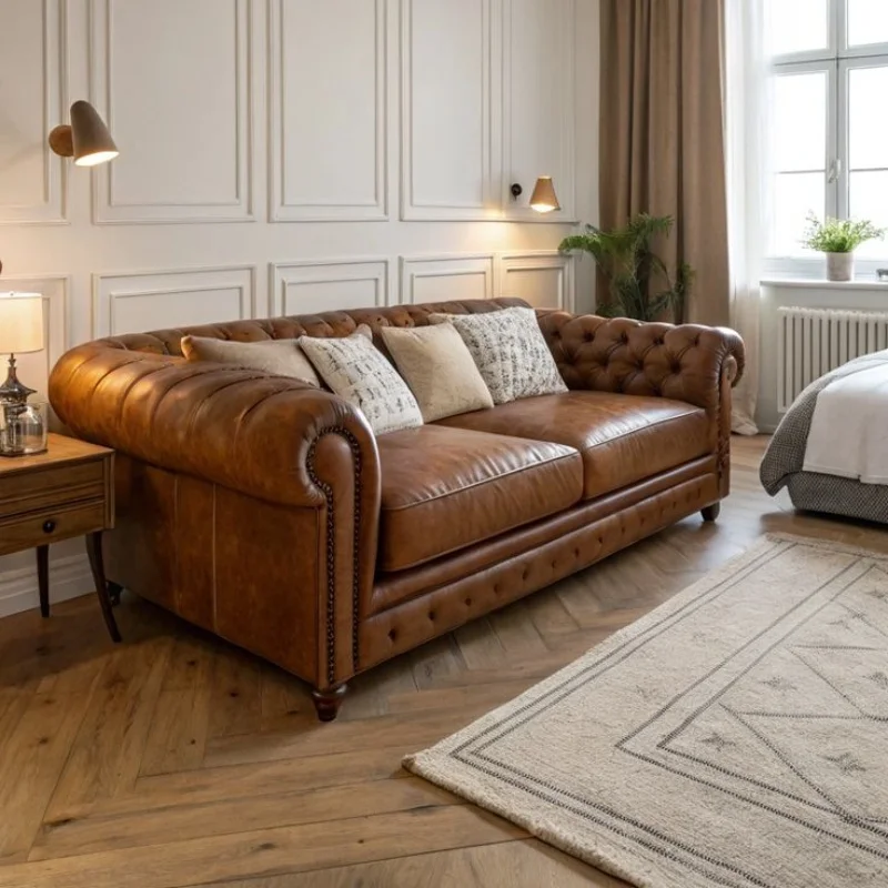American waiting area oil wax leather buckle salon living room hotel furniture waterproof leather sofa