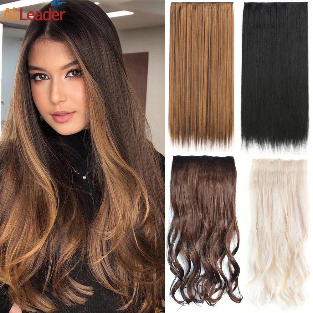 

24" Thick Long Straight One Piece Clip In Hair Extensions Ombre Hair Pieces With 5 Clips In Heat Resistant Fake Hair Hairpiece