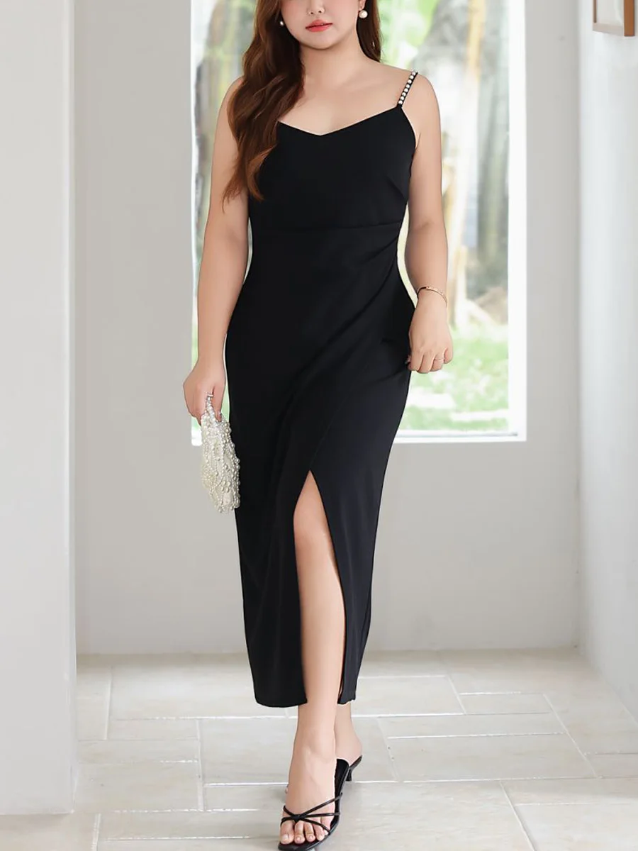 

Тонкое плиссированное платье премиум-класса с v-образным вырезом на талии, большие размеры, женские платья на свадьбу, день рождения с разрезом спереди, жемчужные платья на бретельках 9235