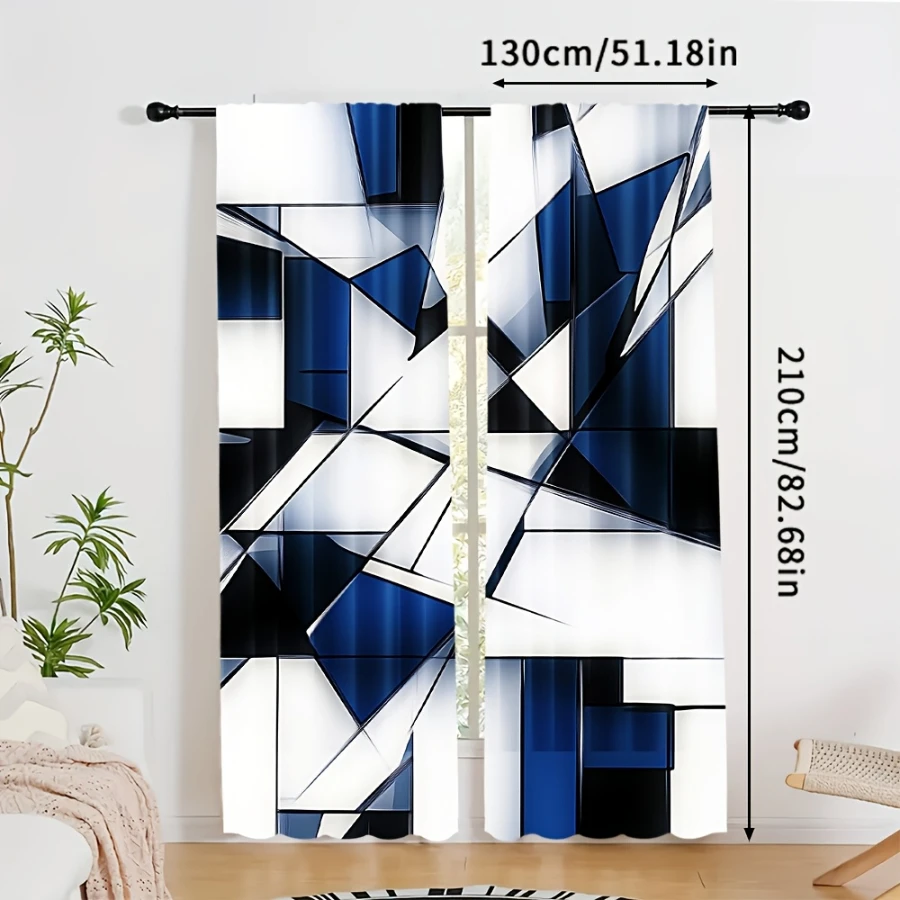 2PCS Digital Printed Curtains, Ice Blue Deconstructed Pattern, Beautiful Window Drapes for Living Room Bedroom Home Decor