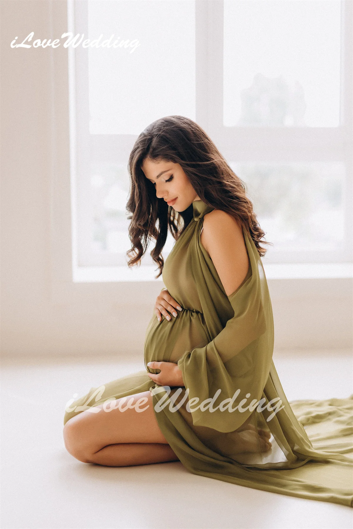 Elegant Chiffon Maternity Dresses Halter Neck Summer Casual Boho Long Loose Sleeves Photography Dress Side Slit Photoshoot Gowns