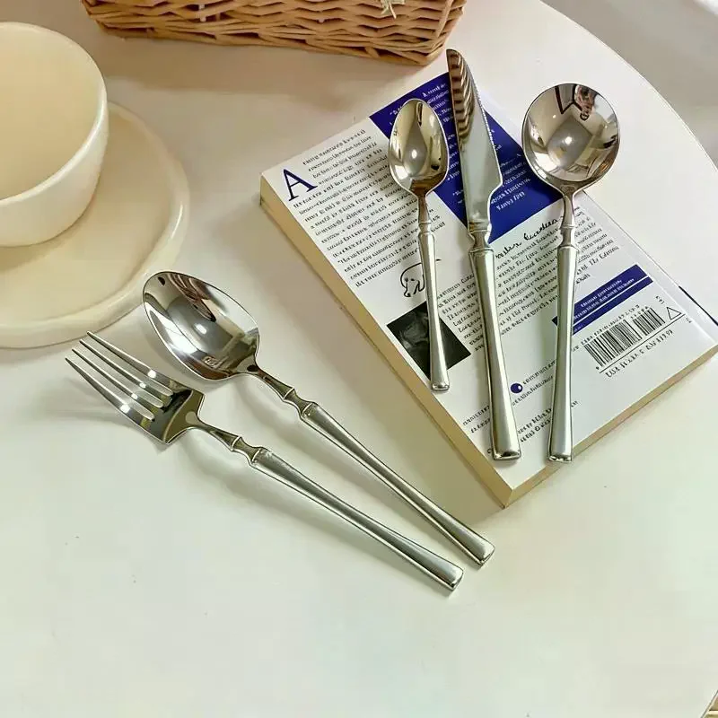 Stainless Steel Long Handle Spoon Dinnerware Set Western Steak Cutlery Ice Pattern Spoon Fork Tree Bark Pattern Small Waist