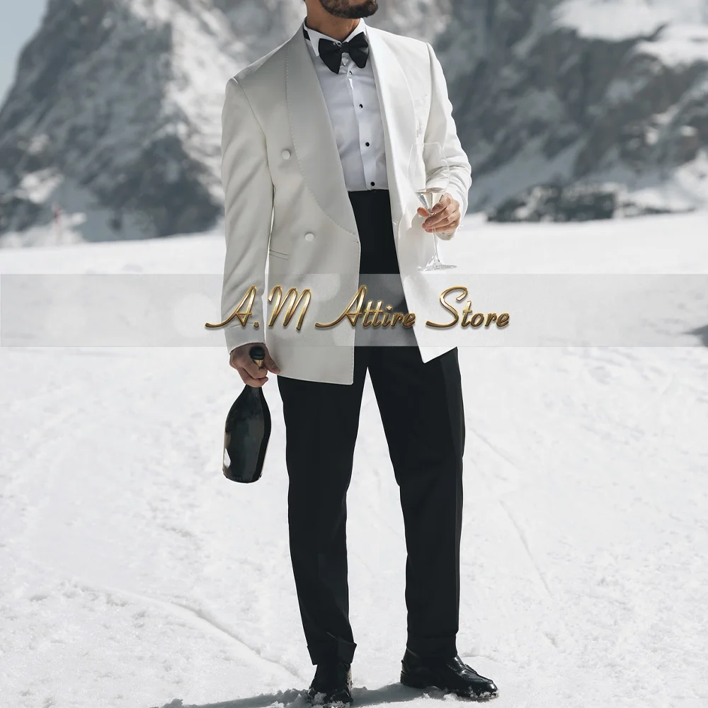 Formal men's suit 2-piece set white shawl lapel jacket pants with belt slim fit set for wedding dance birthday party, handmade