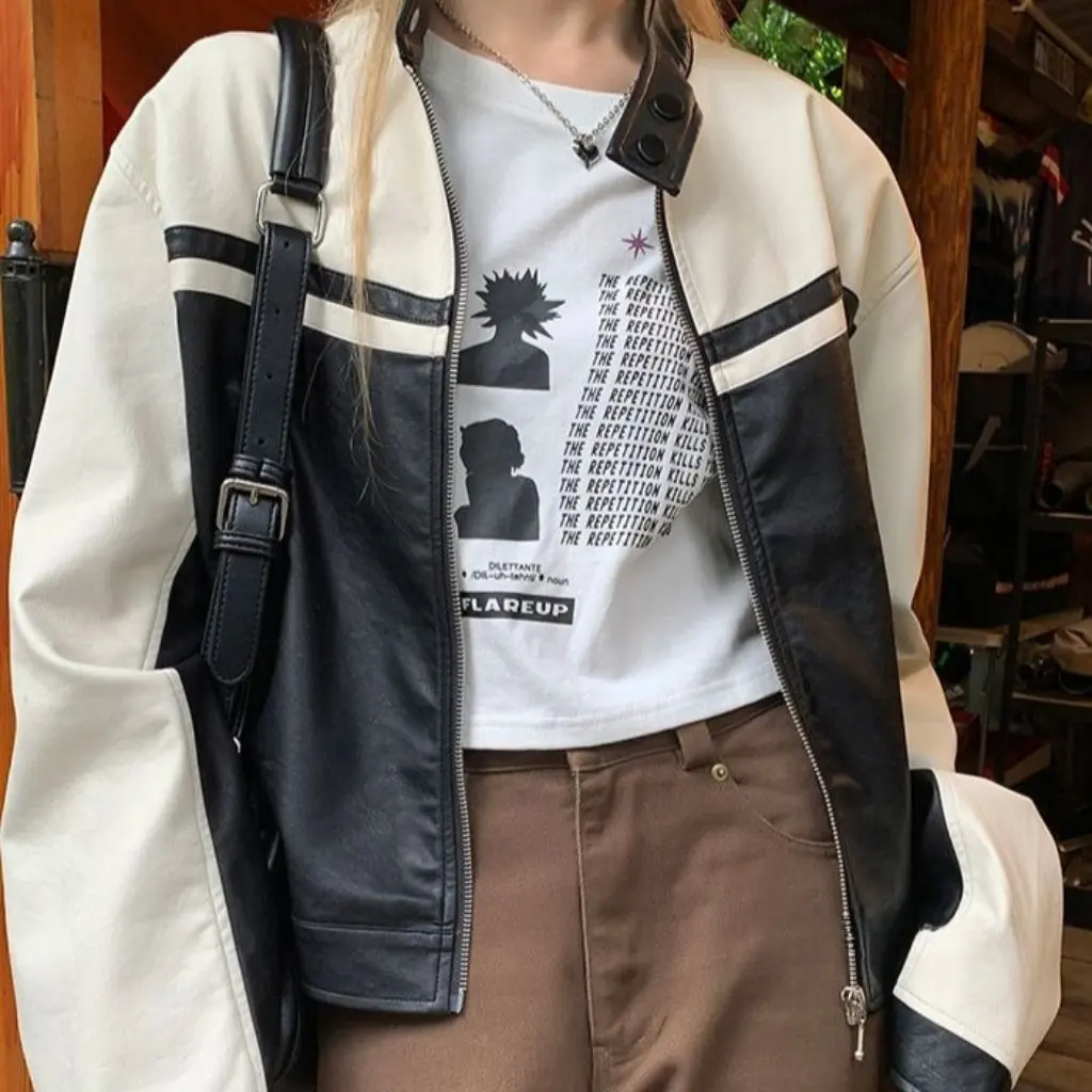 

Women's French Outwear Contrasting Jacket Retro American Style Motorcycle Theme for Spring And Autumn Trend