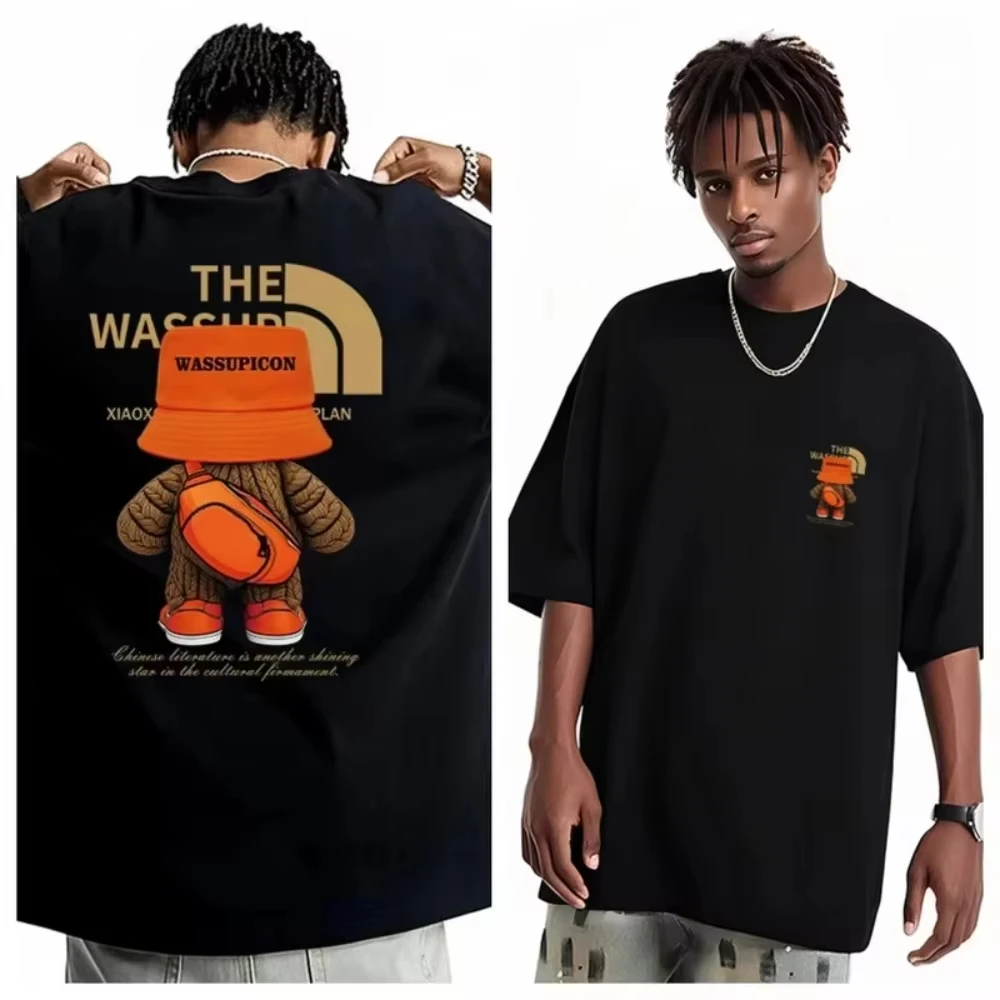 Kaos 2025 Pria dan Wanita Kerah Bulat Olahraga Kasual Serbaguna Motif Beruang dan Huruf Tren Seragam Pria dan Wanita