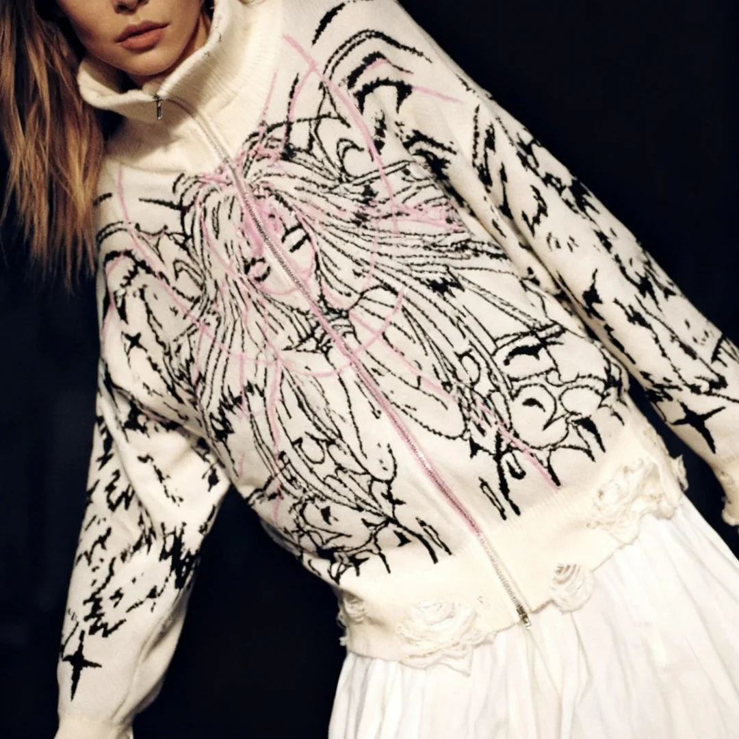 Y2K Angel Cartoon Print Zipper Destruction Style Sweater American Autumn Winter High Street Casual Knitting