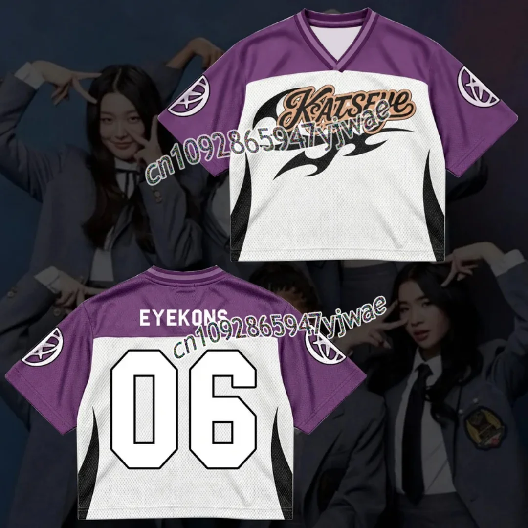 Modisches KATSEYE Purple Flame Streetwear Mesh-Trikot für Fans, Herbst, Herren- und Damen-Kurzarm-T-Shirt, Kpop Lara Sophia Fans Geschenk – Detail 9