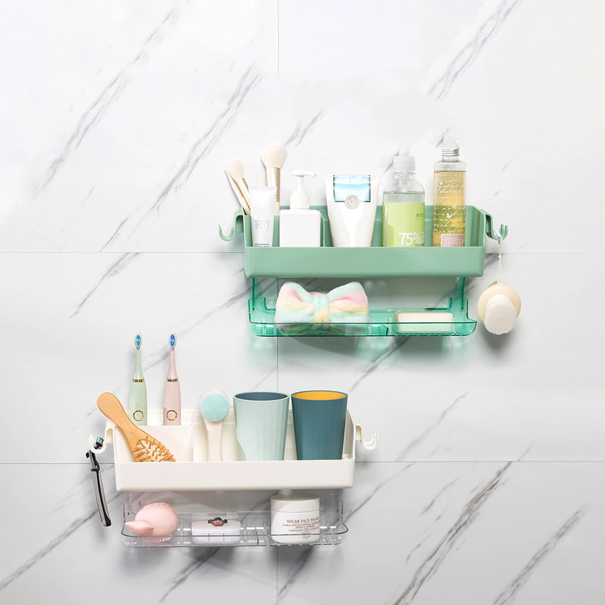 Double Bathroom Organizer Kitchen Plastic Storage Holder Wall Mounted Drainer Shelf Without Holes Bathroom Racks For Home Use