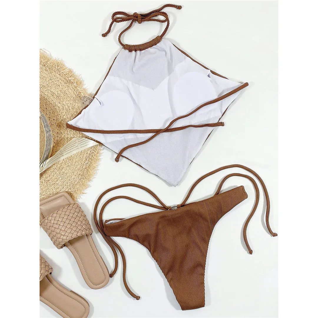 Sexy High-Neck-Halter-Bikini mit geripptem Muster, Damen-Badeanzug, zweiteiliges Bikini-Set, Badeanzug mit Trägern, Badebekleidung, Modell V3141. – Detail 8
