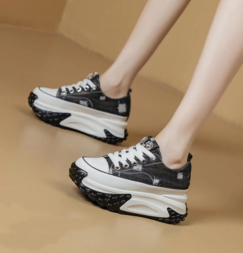 

Women 6cm Denim Platform Wedge Shoes Chunky Sneaker Casual Comfy High Brand Rhinestone Spring Bling Autumn Shoes