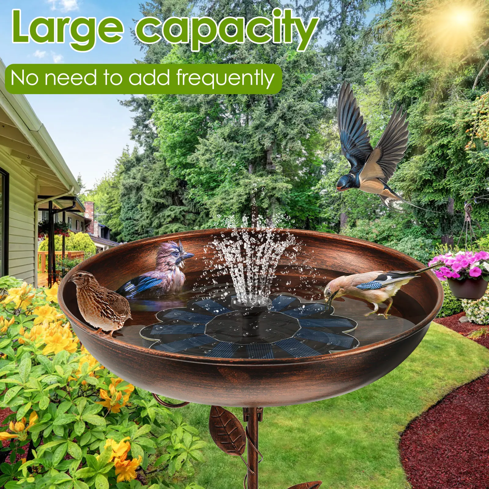 Polysilicon Board Solar Bird Bath Fountain Pump with Vintage Wrought Iron Decoration for Bird Feeding Water Feeding Bath Basin