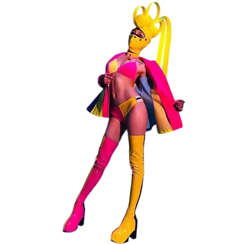 Women's Fashion Jazz Stage Rainbow Stripe PU Leather Jacket Bikini with Mask Headgear Clown Role-playing Party Show Costume