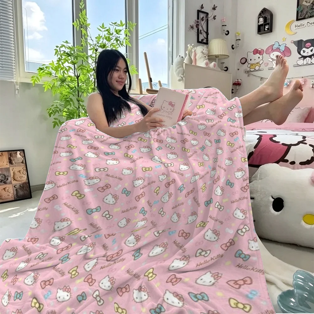 Hello Kitty Flannel Blanket Cute Cartoon Print Soft Fleece Throw Sofa Camping Car Blanket Baby Gift Valentine's Day