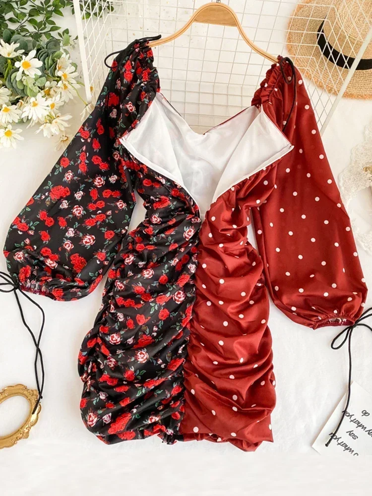 Women's Polka Dot Floral Print Mini Dress Spring Autumn New Fashion Color Matching Lantern Sleeve Ins Style ML726