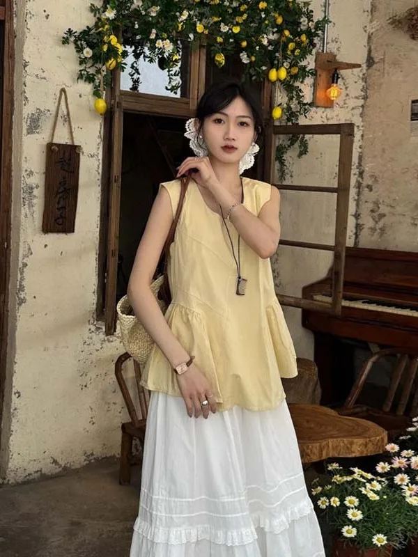 

Korean Style Irregular Splicing Sleeveless Vest Women's New Summer Fashion Doll Shirt Top Polyester Fiber round Neck Regular ...