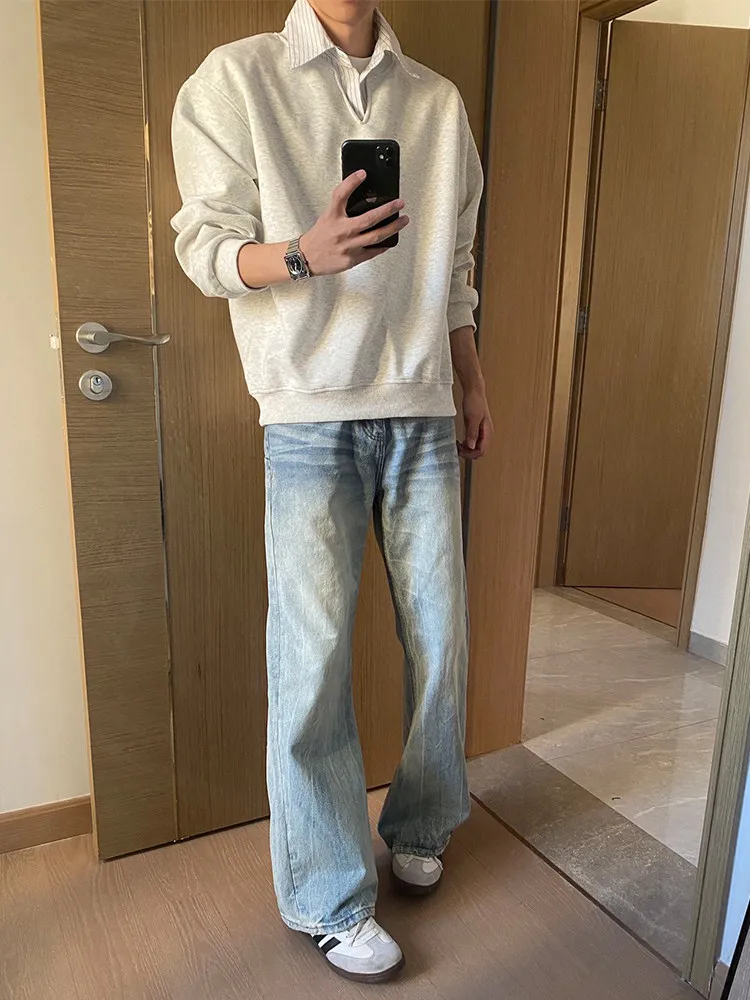 Light Blue Men's Summer Thin American High Street Flared Jeans Straight Leg Long Pants CleanFit Wear Resistant Stretch Denim