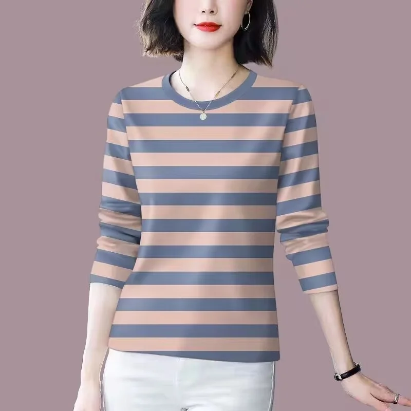 Fashionable Striped Base Shirt Long Sleeve Belly Covering T-Shirt Women's Top for Middle-Aged And Elderly Commute Style Loose...