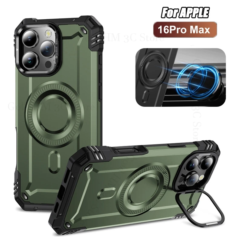 

Military Armor Shockproof Flip Lens Stand Case For iPhone 17 Pro Max Magnetic Magsafing PC Cover For Apple 17 Air 15 16 Pro Max