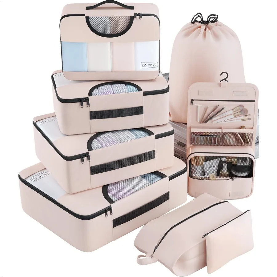 

8 Set Packing Cubes Travel Gifts for Women Mom Carry on Suitcase Organizer Bags with Hanging Toiletry Bag and Large Laundry Bag
