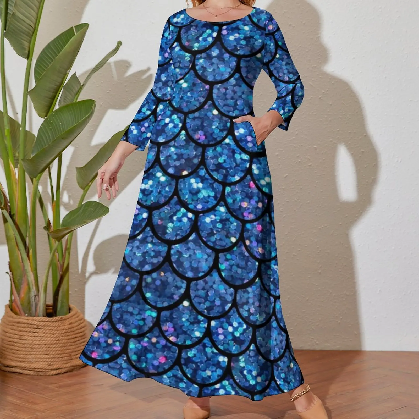 Sparkly Mermaid Scales Dress Blue Glitter Animal Skin Aesthetic Bohemia Dresses Elegant Maxi Dress Autumn Plus Size Clothing