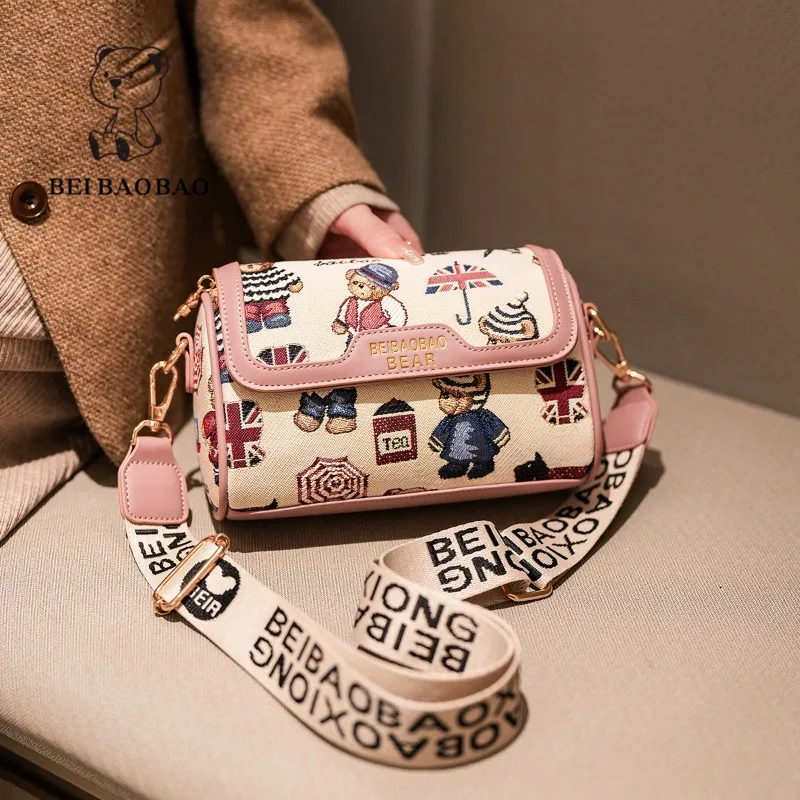

Canvas Crossbody Bags New Cartoon Contrasting Colors Cute Trend Ins Wind Sweet Style Bear Shoulder Bag Women's Messenger Bag