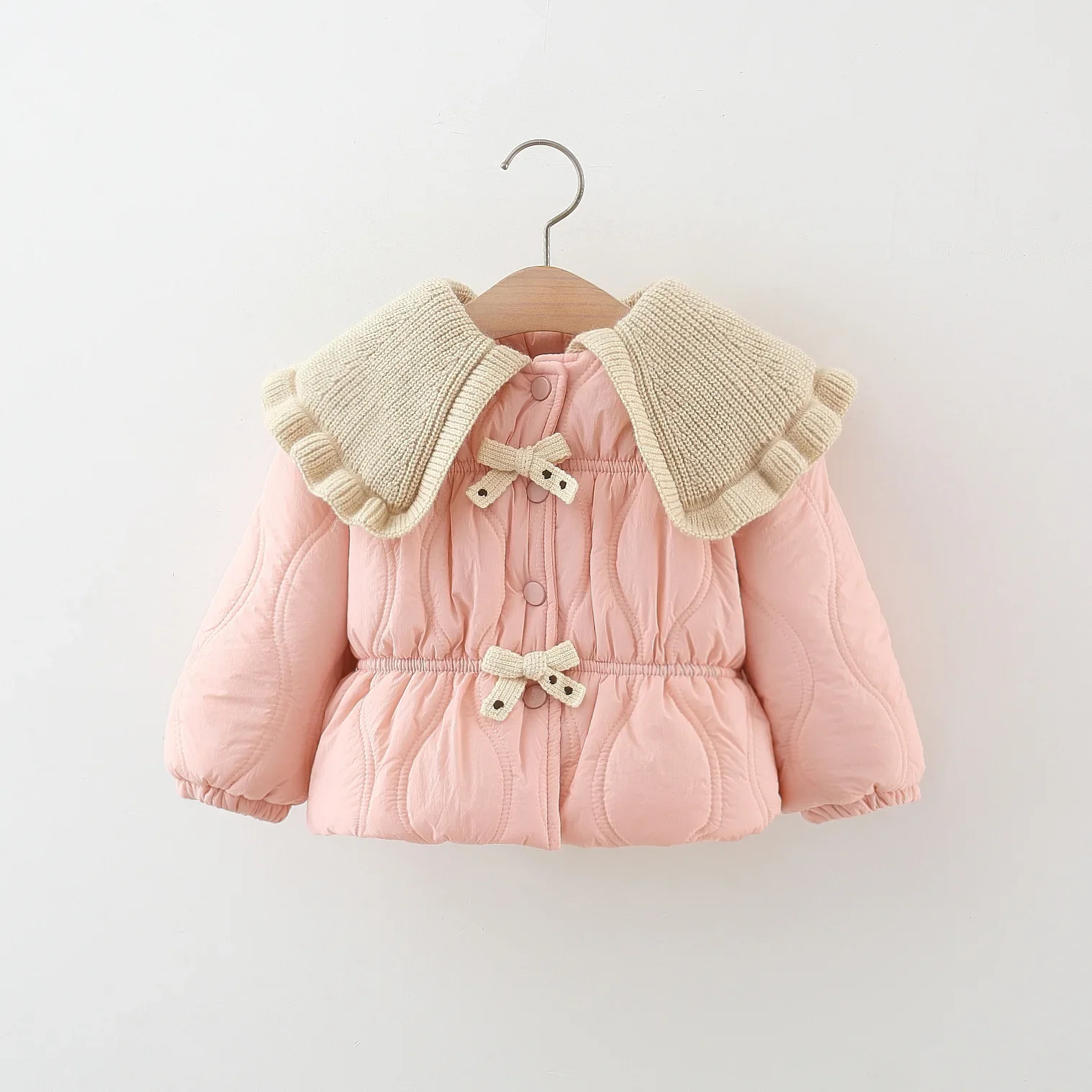 

Girls Pink Coffee Knitted Collar Bow Cotton Coat Fashion Kids Jacket 1-5Y Kids Warm Outerwear
