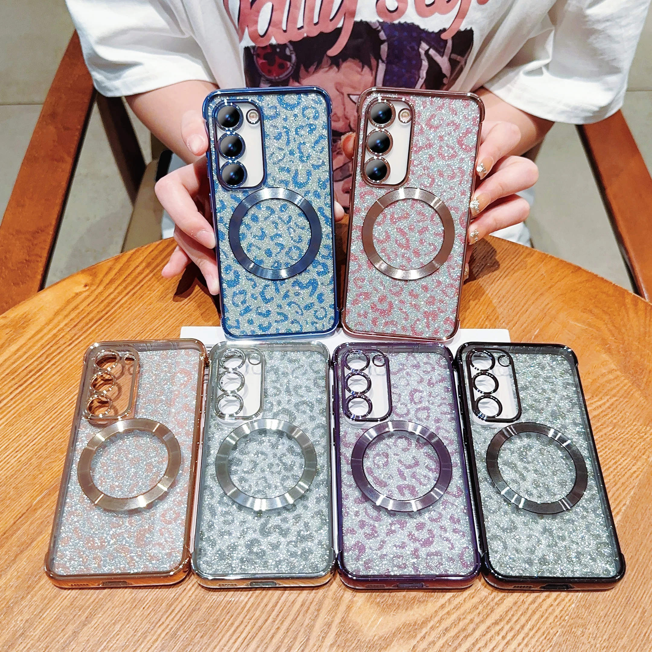 Magnetic Case For Samsung Galaxy S23 S22 S21 S20 FE Ultra Plus S20 2022 5G Electric Ferry Transparent with Leopard Shiny Cover