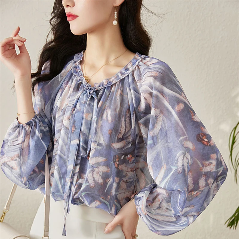 Fashion Printed Ruffle Lace Up Bow Floral Blouses Women Clothing 2024 Spring Summer New Loose All-match Tops Office Lady Shirts