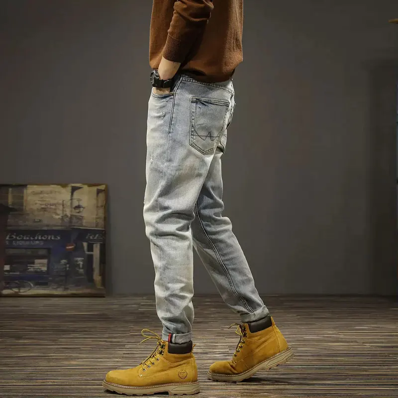 Fashion Designer Men Jeans Retro Light Blue Elastic Stretch Slim Ripped Jeans Men High Quality Vintage Casual Denim Pants Hombre