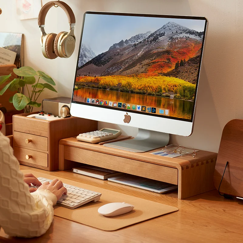 Cherry Wood Monitor Stand with Drawer Solid Wood Desk Organizer for Computer Ergonomic Workspace Shelf with Storage Office Decor
