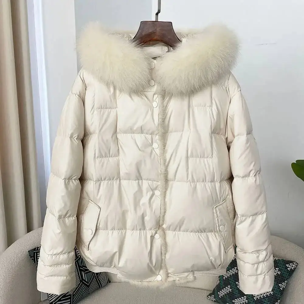 

Women's Short Puffer Jacket Fox Fur Collar Duck Down Warm Winter Coat Bread Style Clothing Long Sleeve China Origin