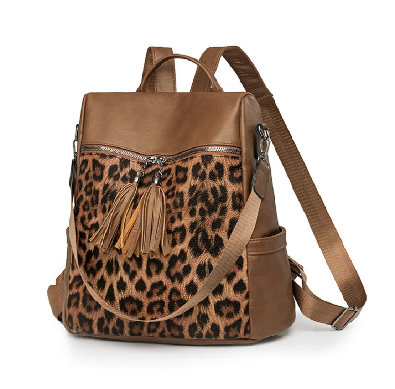 2026 Fashion Vintage Leopard Tassels Designer Leather Backpacks Women's High Capacity Travel Shoulder Bags Totes Crossbody Bag