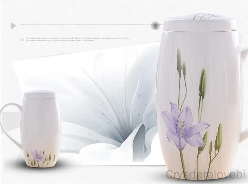 720ML, Chinoiserie Lily Blossom, Bone China Couple Mug, Couple Cup, Mighty Office Cup Thermal of Coffee Tea, with Lid