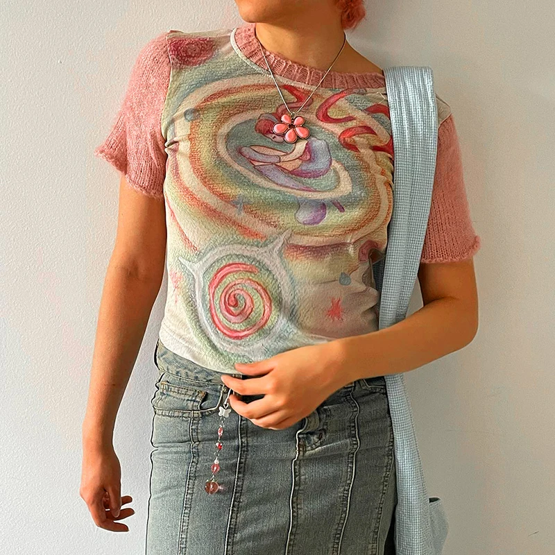 Y2K Sexy Gauze Cat Printed T-Shirts Goth Aesthetic Vintage Black Lace Mesh See Through Crop Tops Summer Women Tees Streetwear