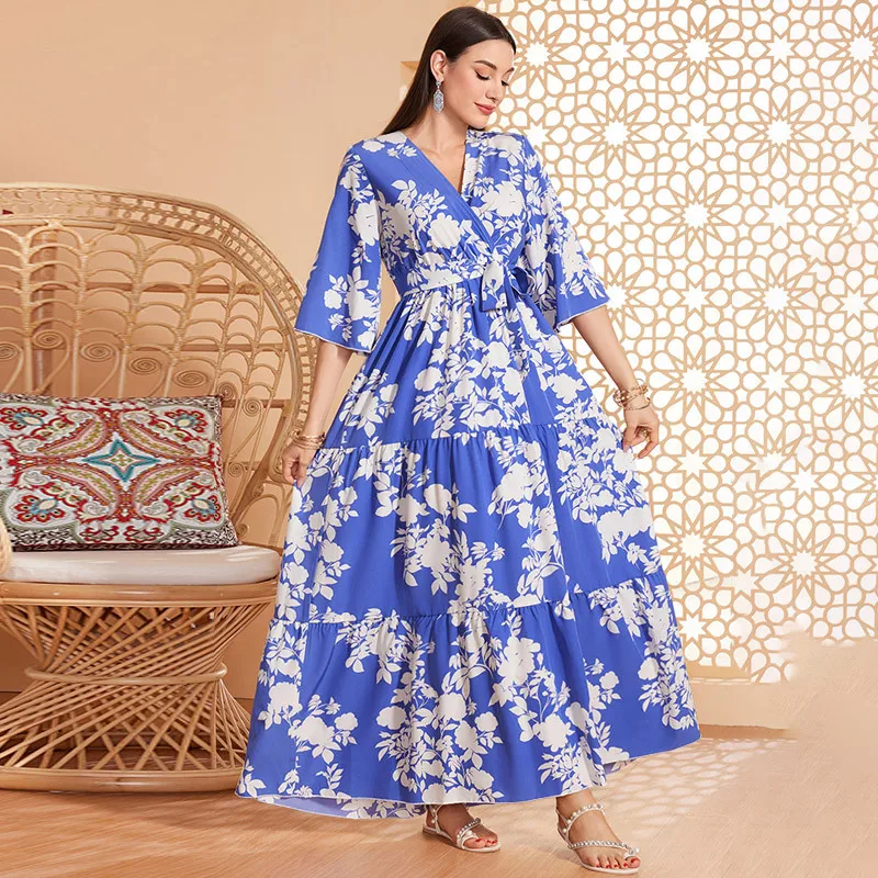 

Dds23066 Elegant Bell-sleeve Long Dress With Floral Print 2026 Muslim Long Dress Robe Abaya Ramadan Dubai Luxury Islam Elegant