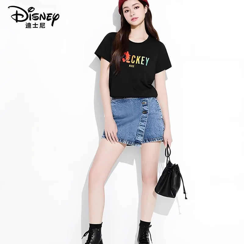 

Новая модная футболка премиум-класса Disney с Микки Маусом и черным буквенным принтом, женская футболка с коротким рукавом и круглым вырезом, свободный тонкий топ с коротким рукавом