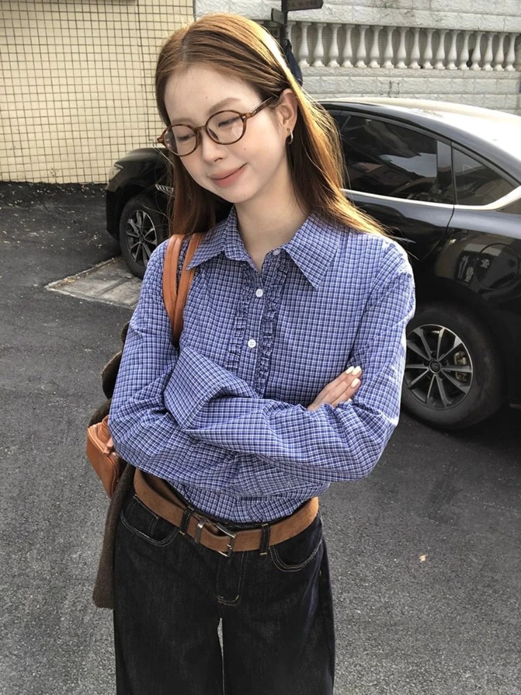 HOUZHOU Blue Plaid Women Shirts Harajuku Long Sleeve Korean Fashion Ruched Blouses Loose Preppy Aesthetic Youthful Spring New