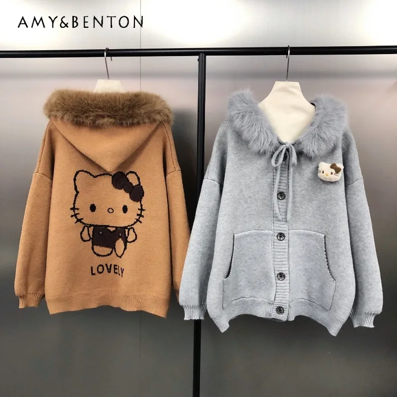 

Осень-зима 2022, японский ретро-стиль, молодежный свободный мультяшный жаккардовый свитер с капюшоном, куртка для женщин, Y2k, Kawaii, трикотаж