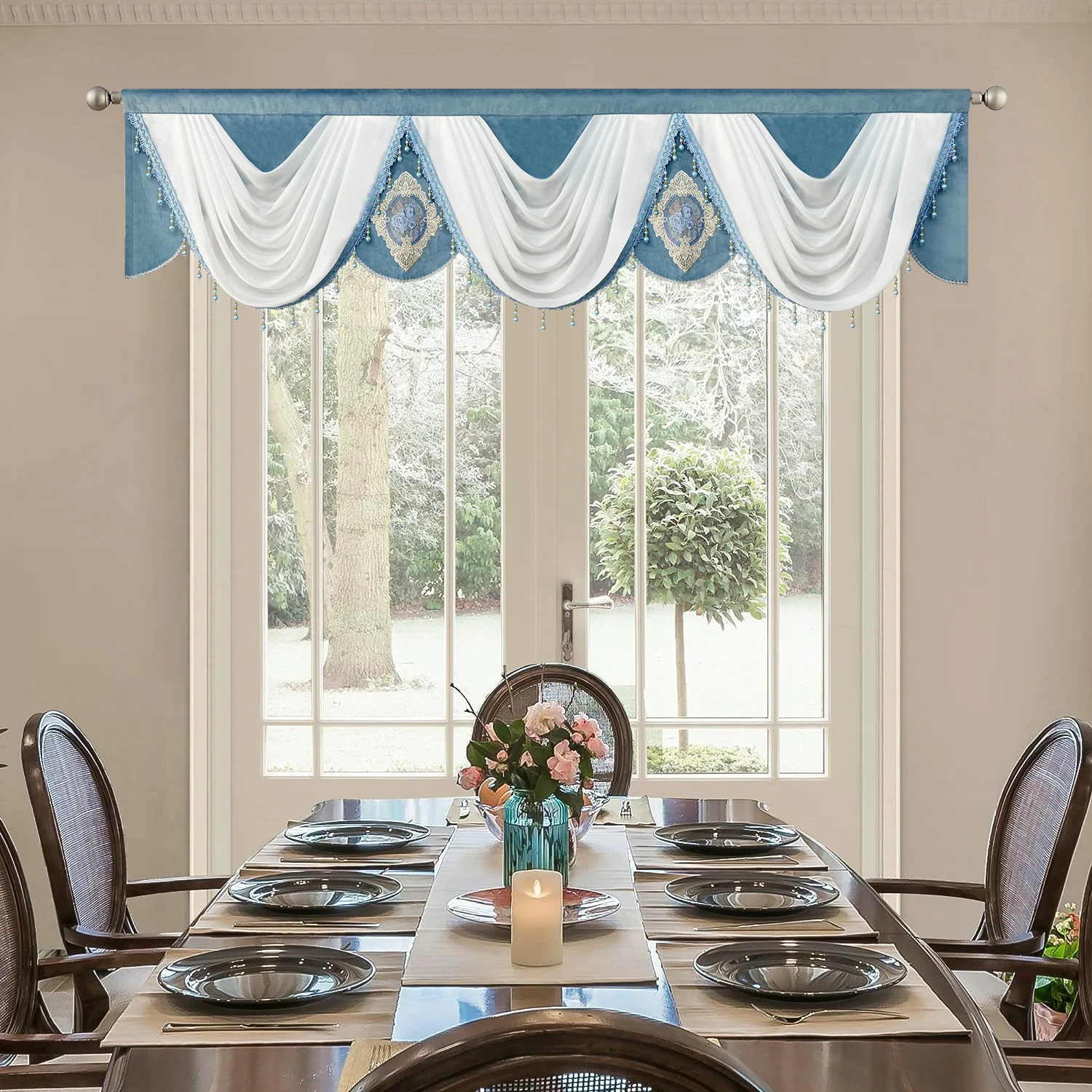 1pc, azul e branco luxo cachoeira valance cortina pendurado para janela de luxo grosso swag com pingente contas janela decoração do quarto