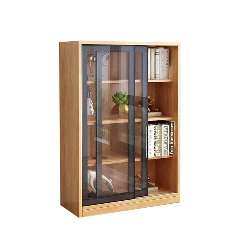 

Solid wood bookshelf floor cabinet household modern simple living room study glass sliding door bookcase